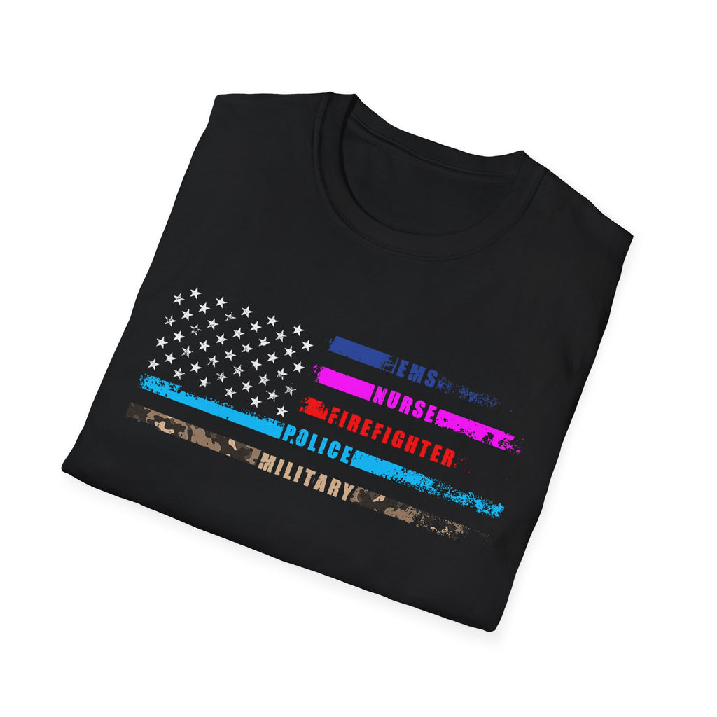 American Heroes Flag T-Shirt – EMS, Firefighter, Police, Military & Nurse