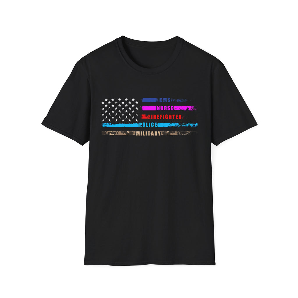 American Heroes Flag T-Shirt – EMS, Firefighter, Police, Military & Nurse