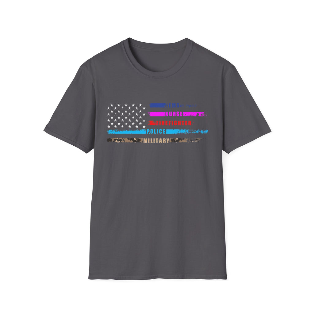 American Heroes Flag T-Shirt – EMS, Firefighter, Police, Military & Nurse