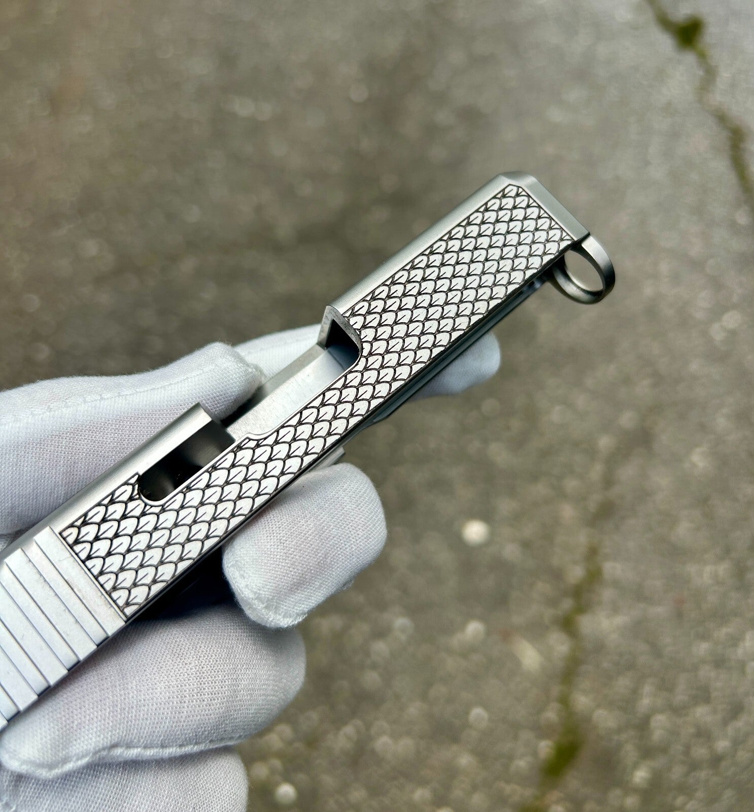 Glock 26 Alpha Wolf Stainless Slide | Dragon Skin Engraved | Custom Engraved