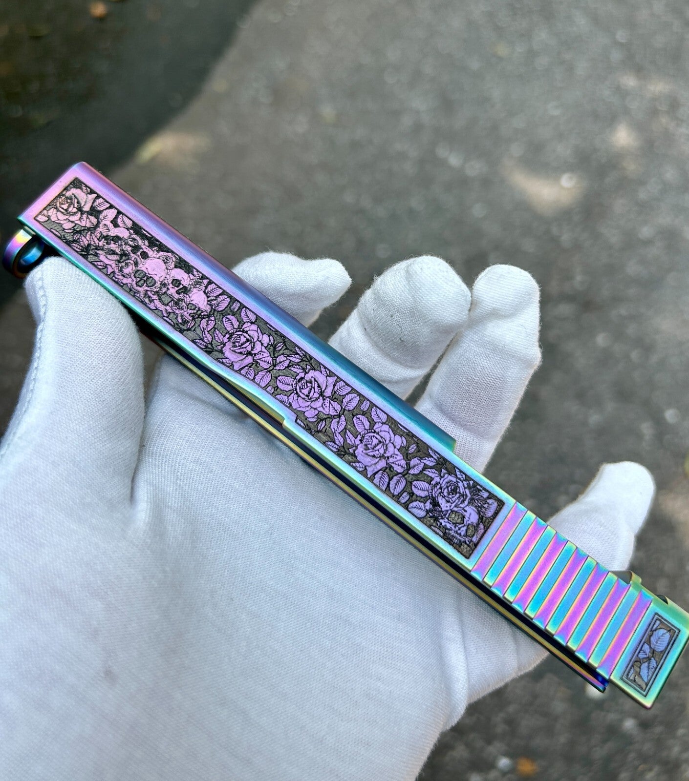 Glock 19 Custom Engraved Slide – Skulls & Roses | Holographic RMR Cut | USA Made