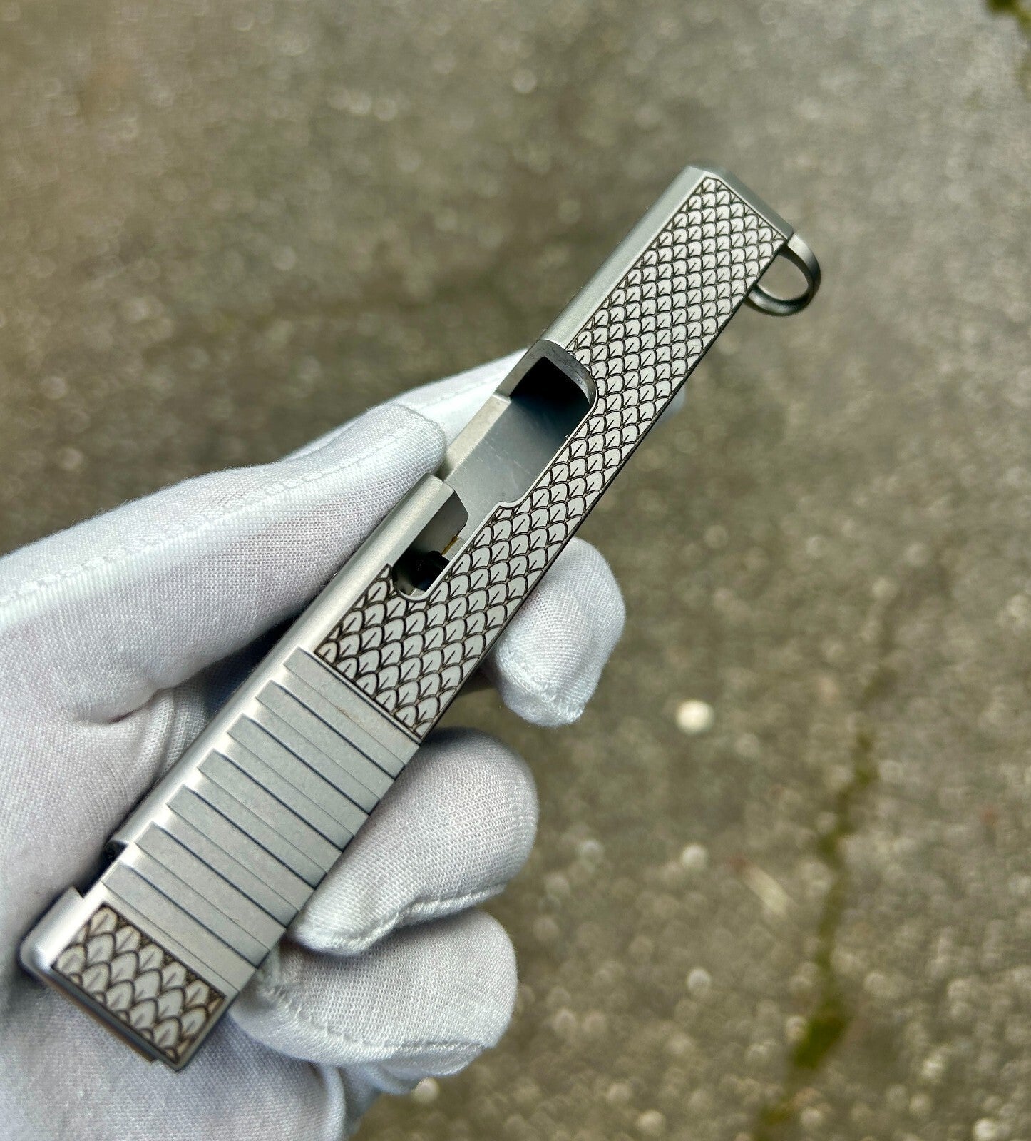 Glock 26 Alpha Wolf Stainless Slide | Dragon Skin Engraved | Custom Engraved