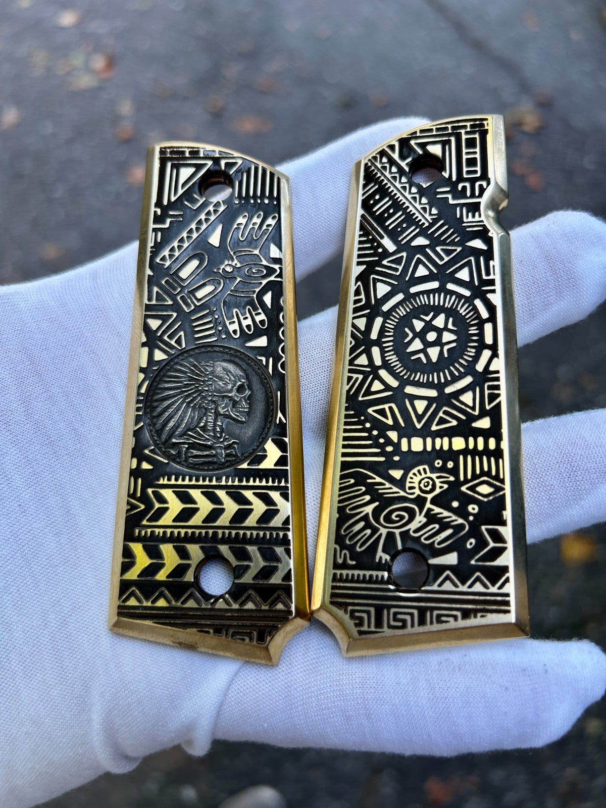1911 Full Size Brass Engraved Grips – Aztec Big Chief Design | Made in USA |