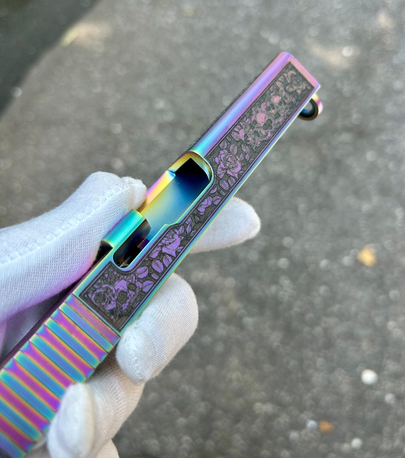 Glock 19 Custom Engraved Slide – Skulls & Roses | Holographic RMR Cut | USA Made