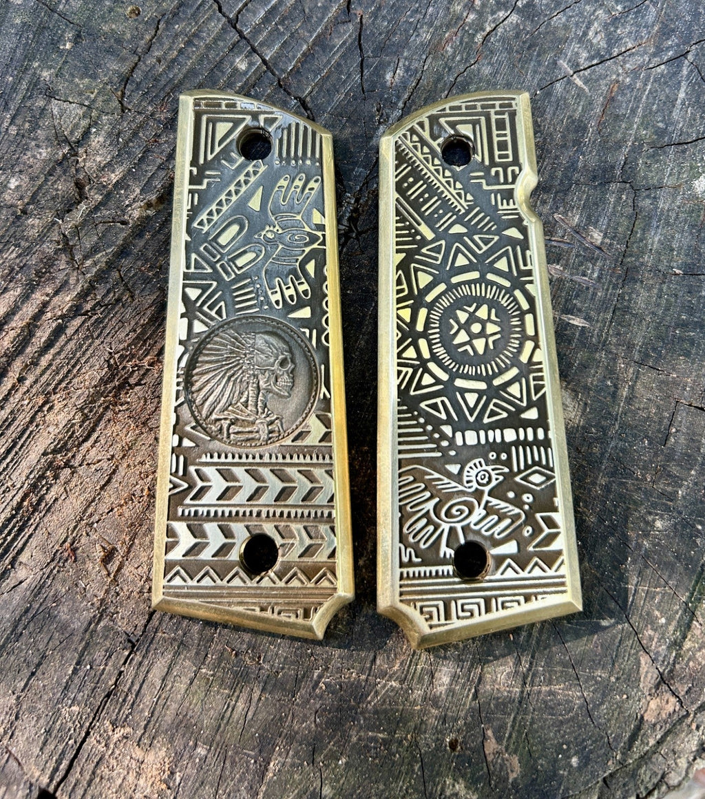 1911 Full Size Brass Engraved Grips – Aztec Big Chief Design | Made in USA |