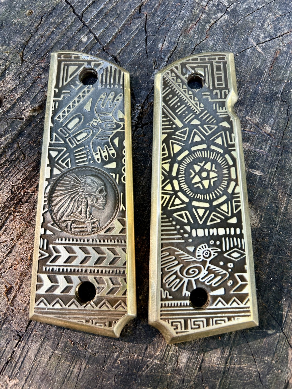 1911 Full Size Brass Engraved Grips – Aztec Big Chief Design | Made in USA |