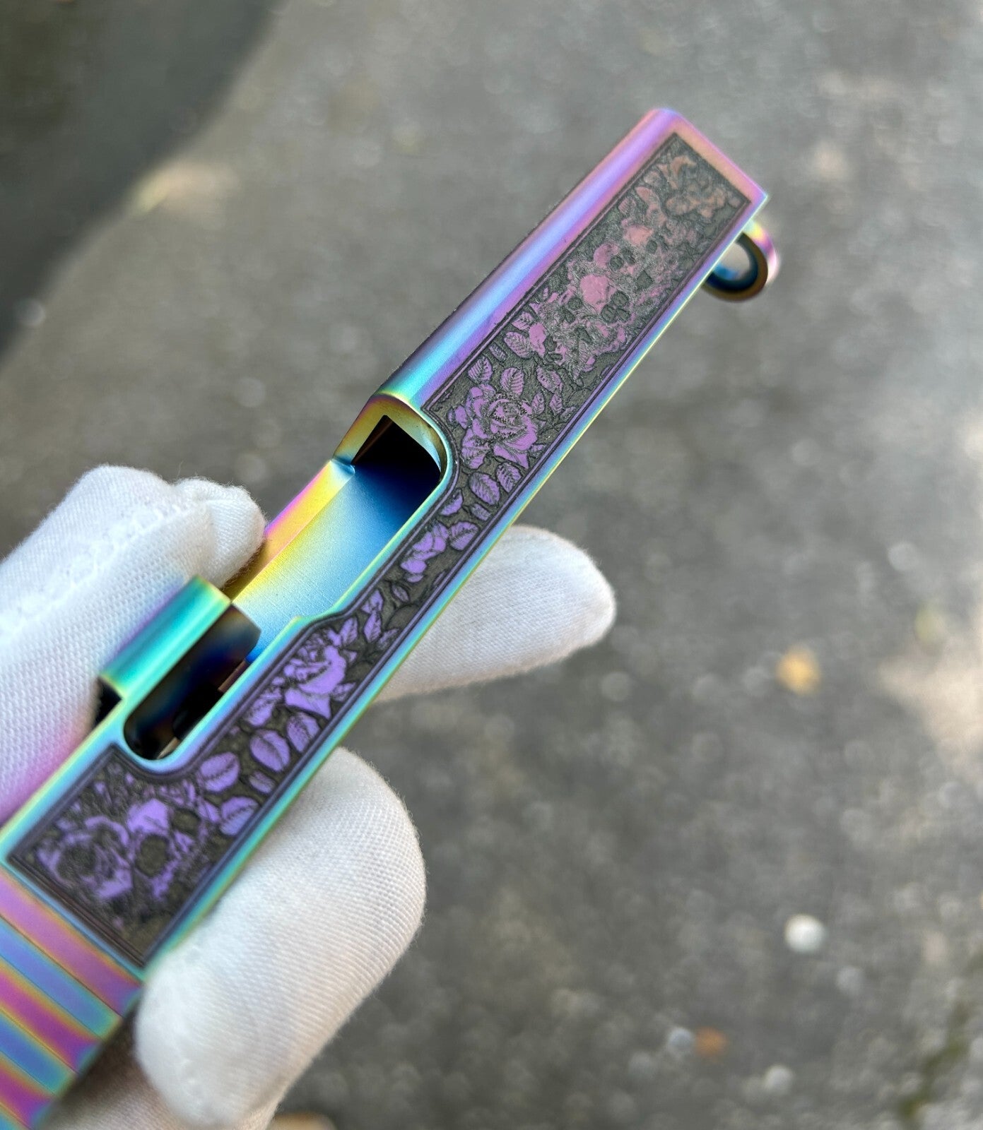 Glock 19 Custom Engraved Slide – Skulls & Roses | Holographic RMR Cut | USA Made