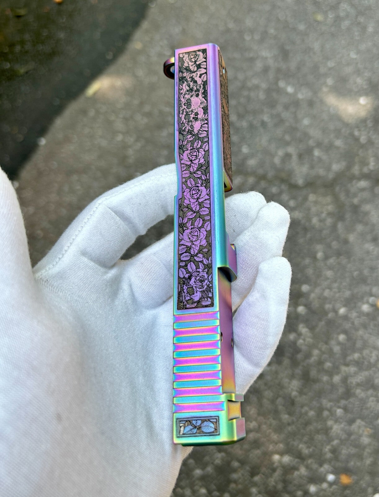 Glock 19 Custom Engraved Slide – Skulls & Roses | Holographic RMR Cut | USA Made