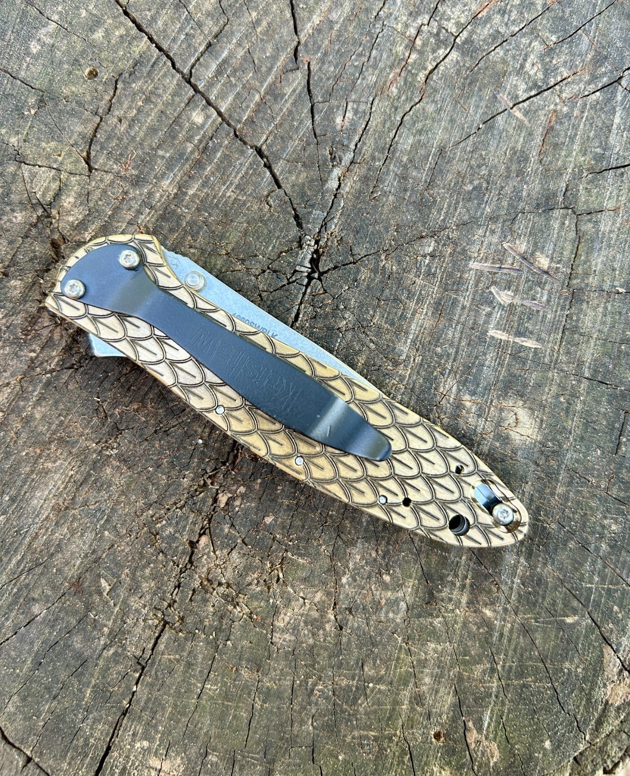 Custom Kershaw Leek Knife | Engraved Brass Dragon Skin Scales | Made in USA