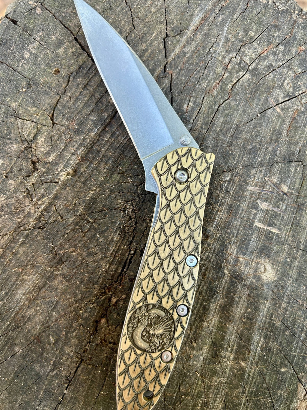 Custom Kershaw Leek Knife | Engraved Brass Dragon Skin Scales | Made in USA