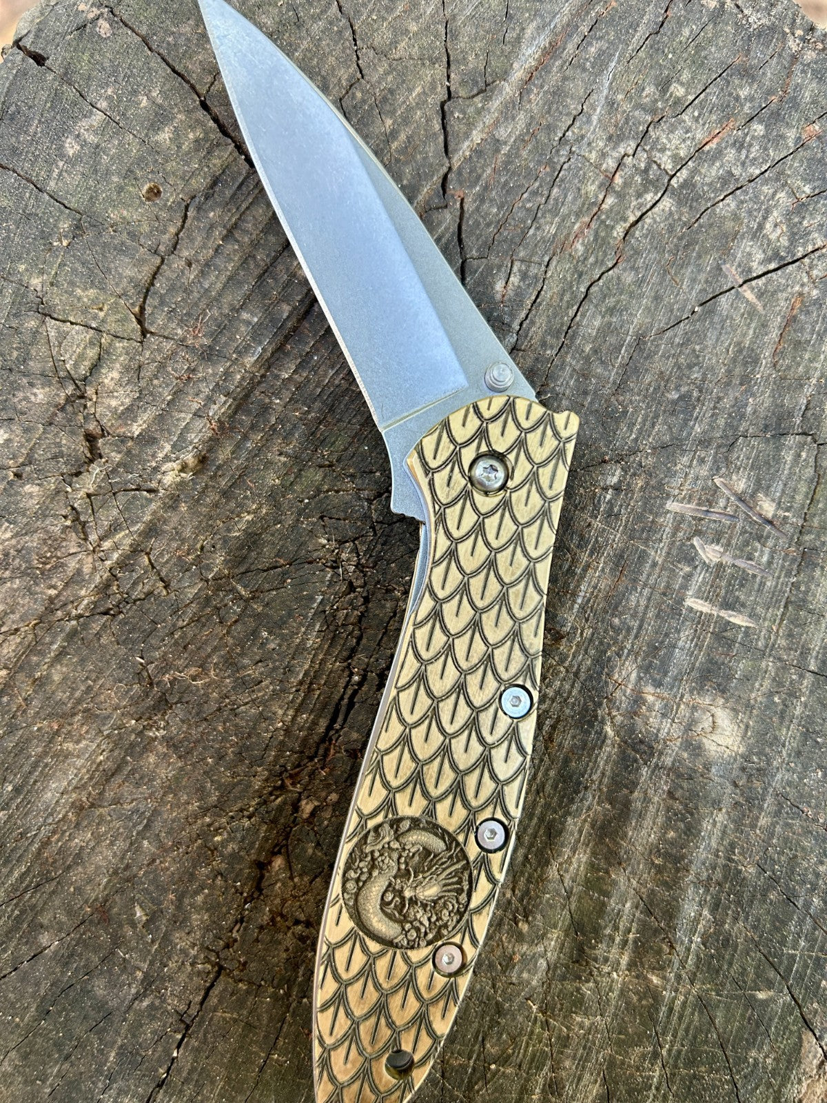 Custom Kershaw Leek Knife | Engraved Brass Dragon Skin Scales | Made in USA
