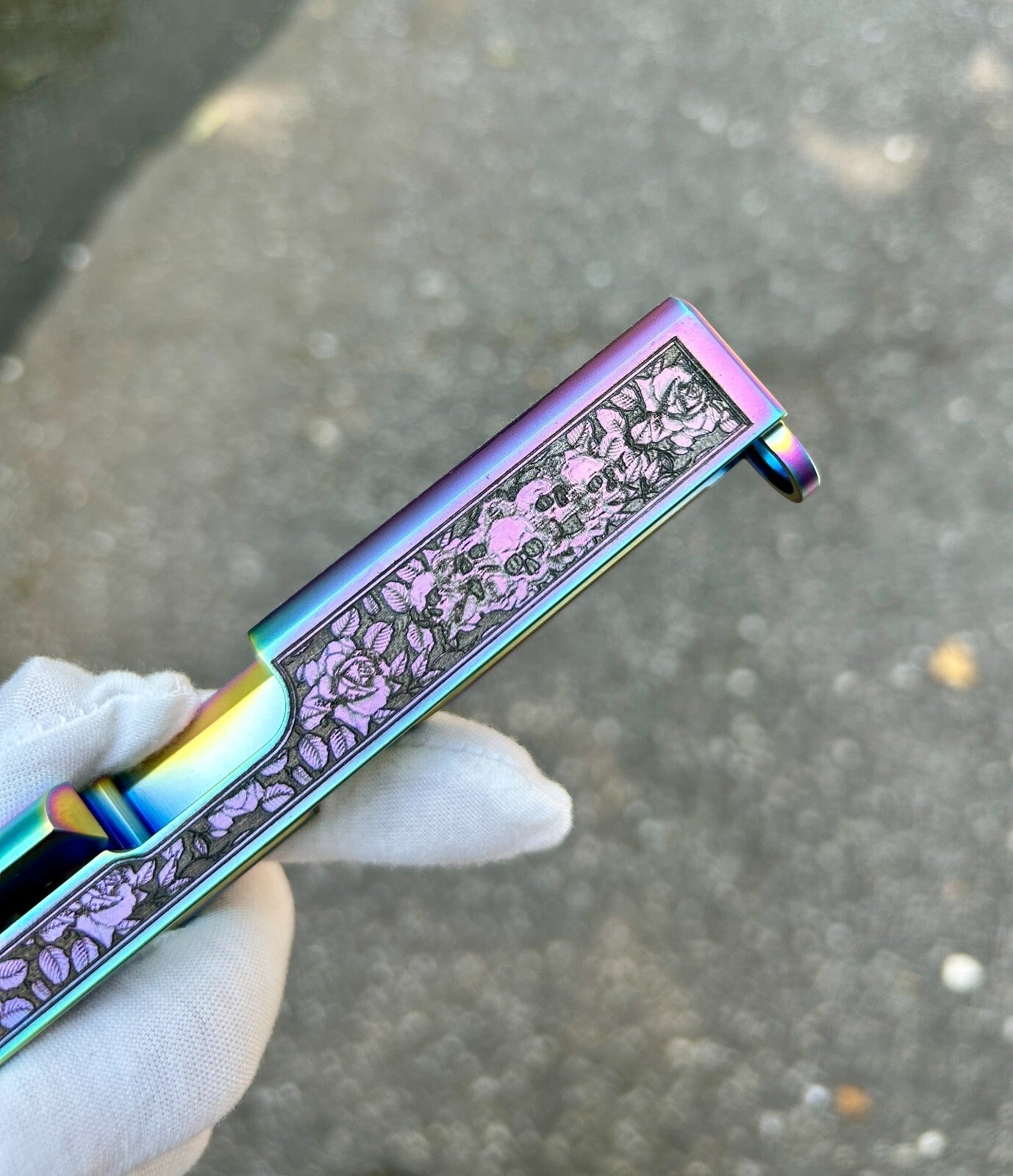 Glock 19 Custom Engraved Slide – Skulls & Roses | Holographic RMR Cut | USA Made