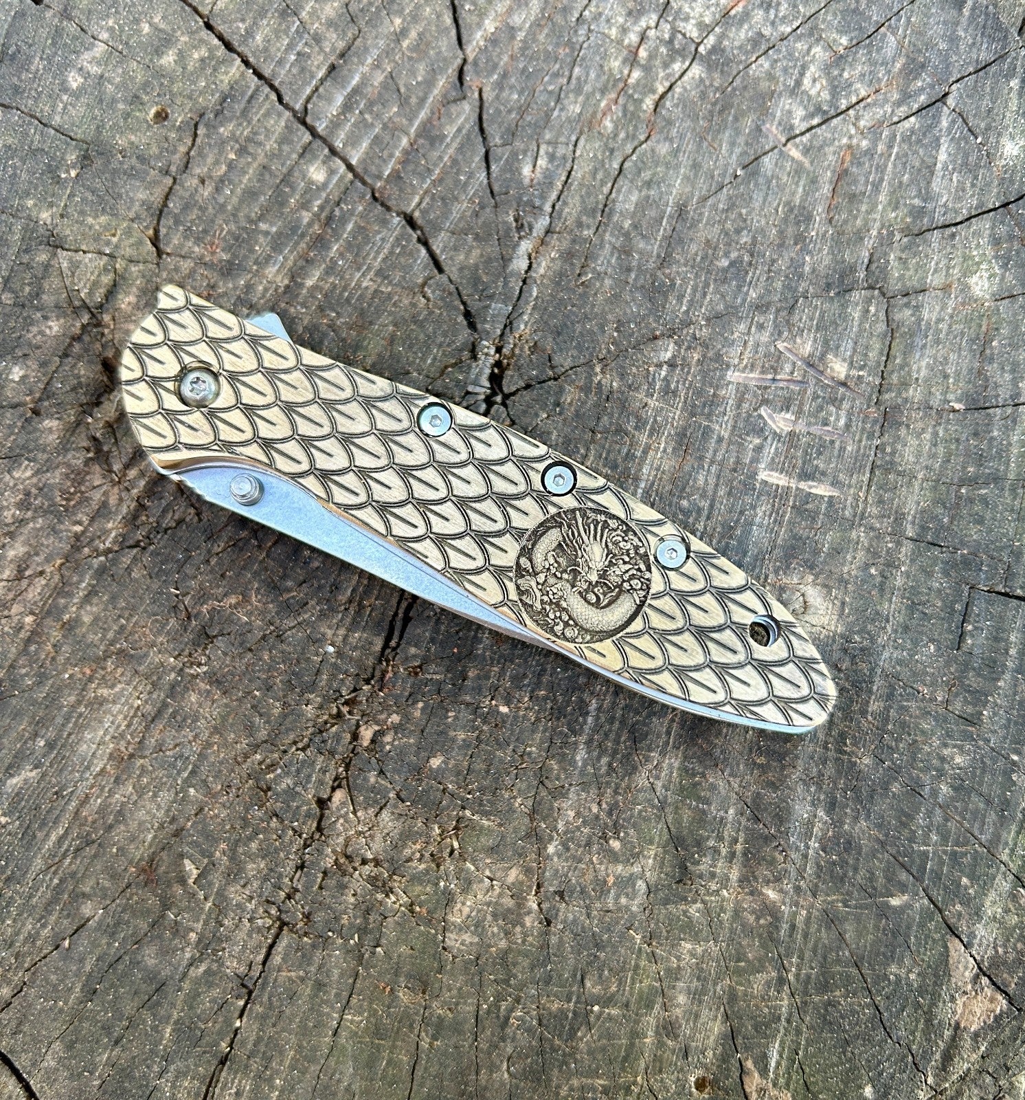 Custom Kershaw Leek Knife | Engraved Brass Dragon Skin Scales | Made in USA