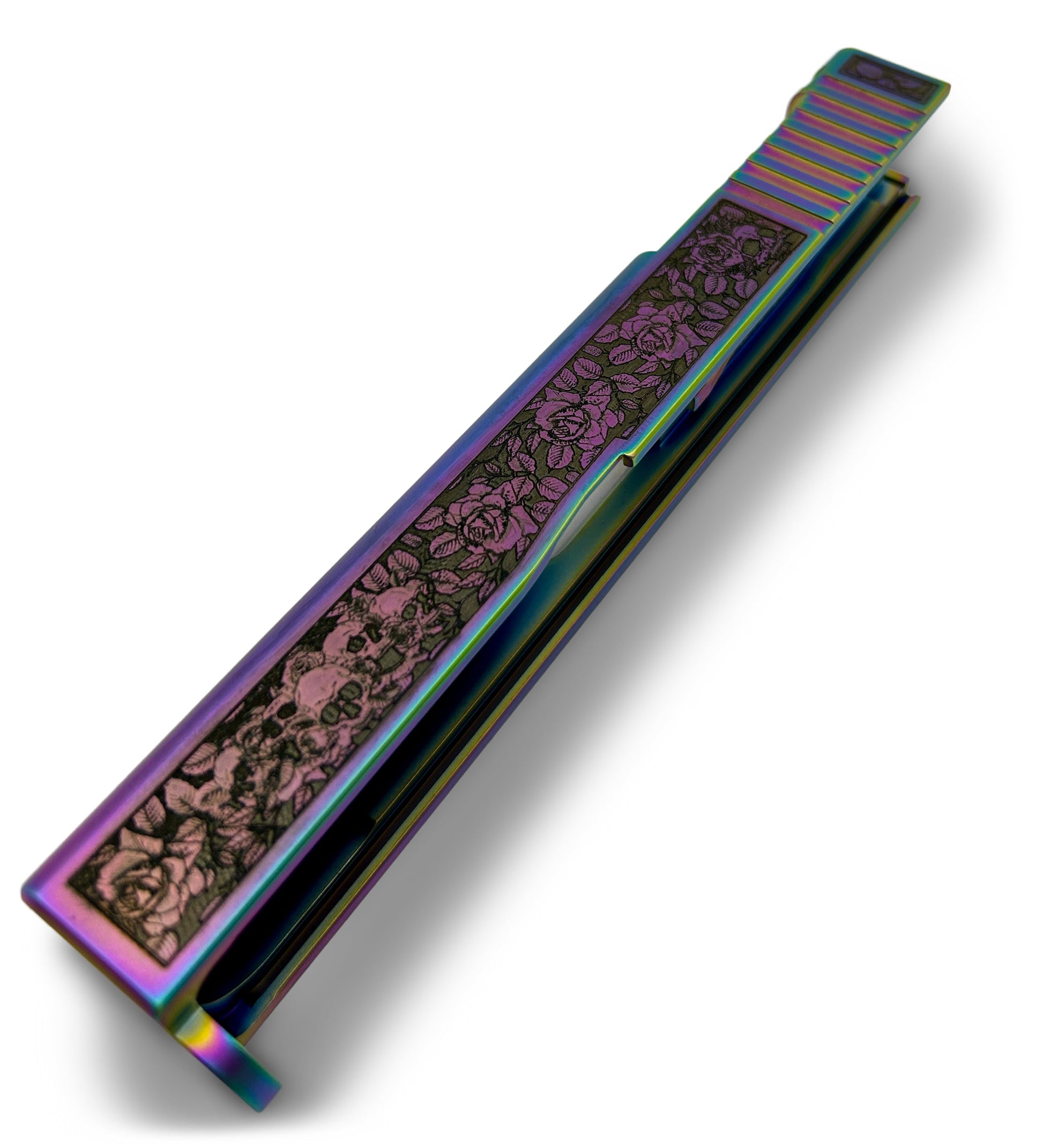 Glock 19 Custom Engraved Slide – Skulls & Roses | Holographic RMR Cut | USA Made
