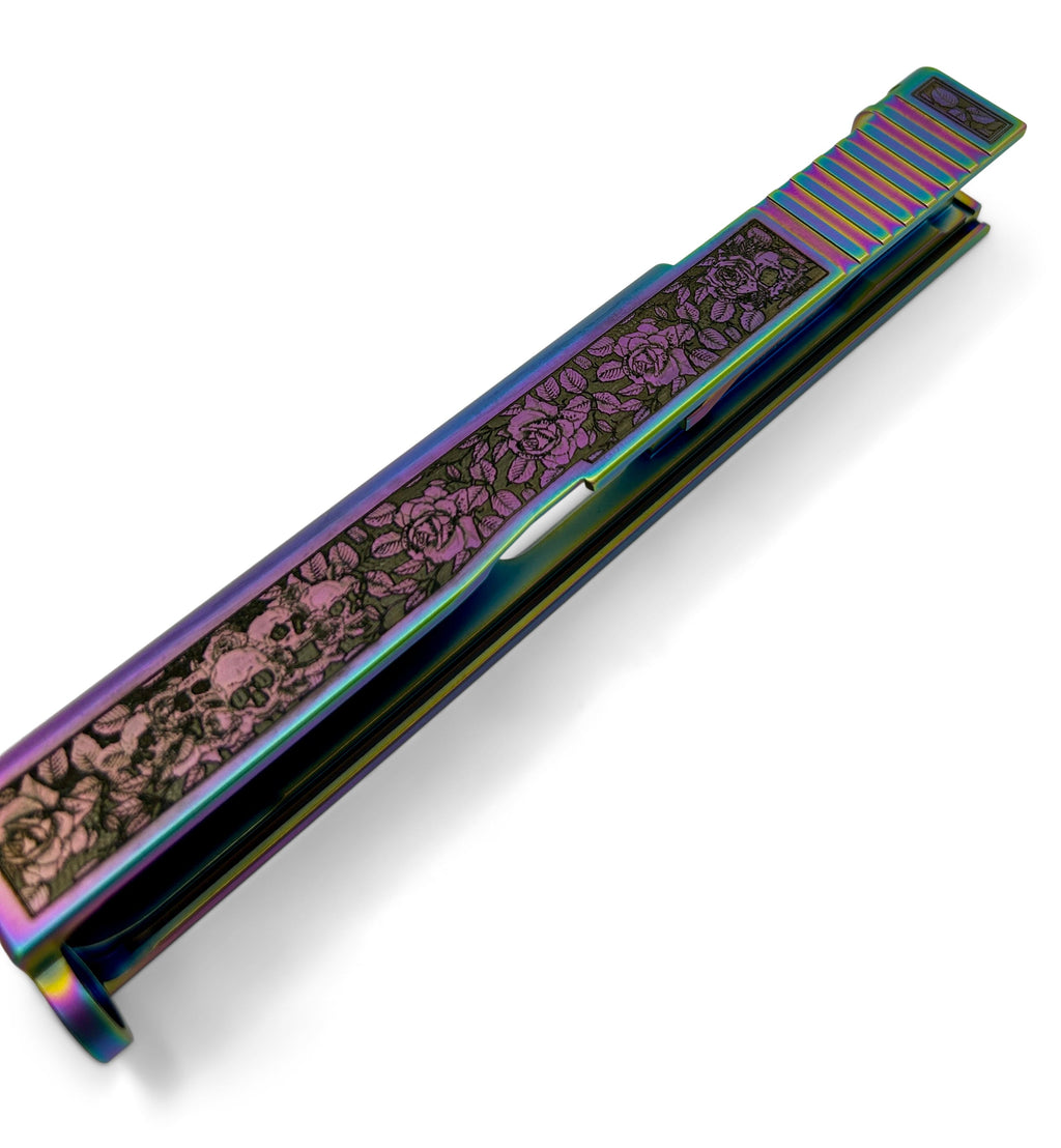 Glock 19 Custom Engraved Slide – Skulls & Roses | Holographic RMR Cut | USA Made